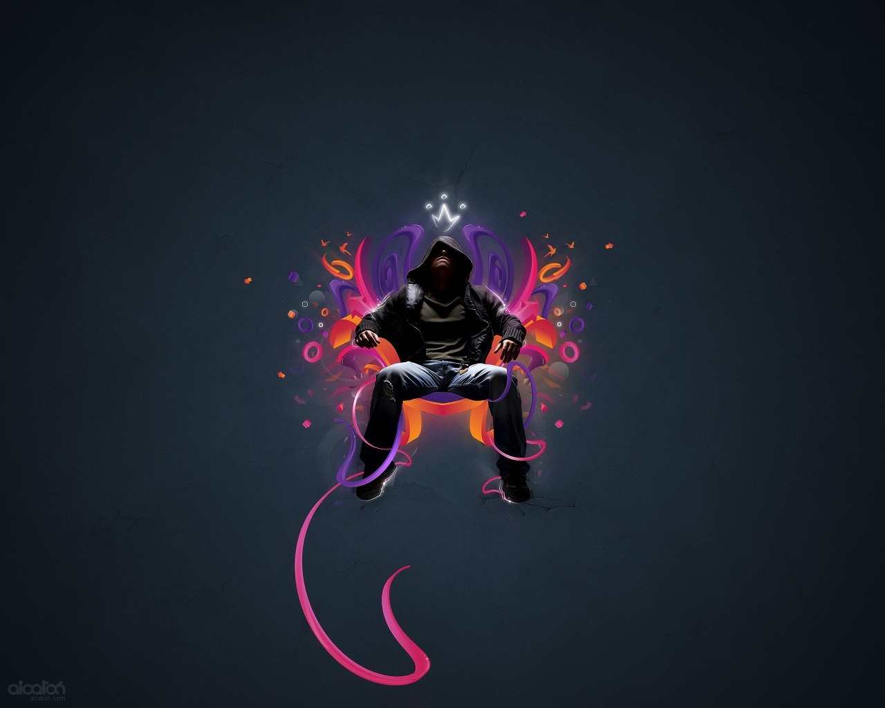 Man in hoodie sitting with colorful abstract art HD Wallpaper
