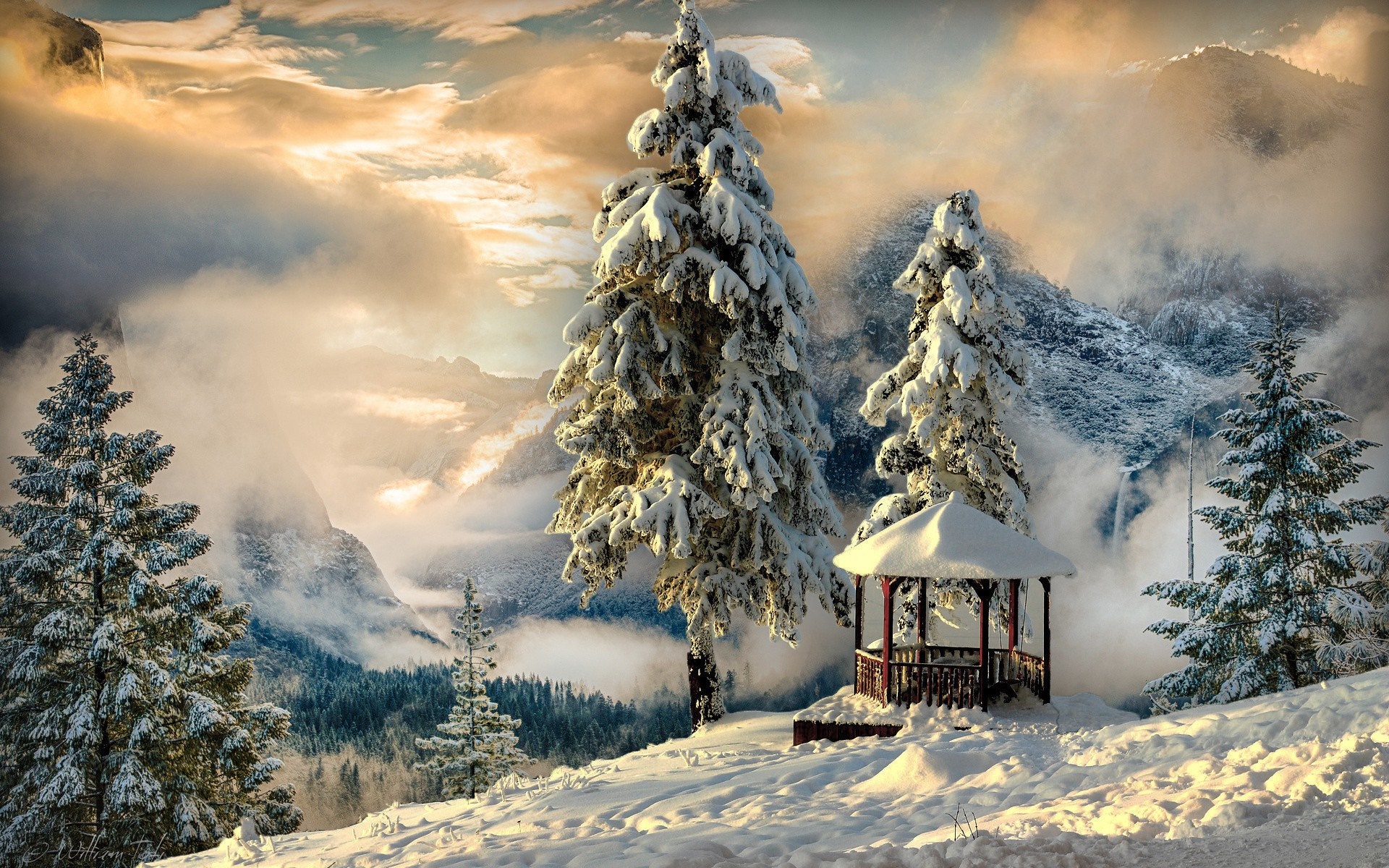 Snow-covered trees and gazebo in a mountain landscape HD Wallpaper