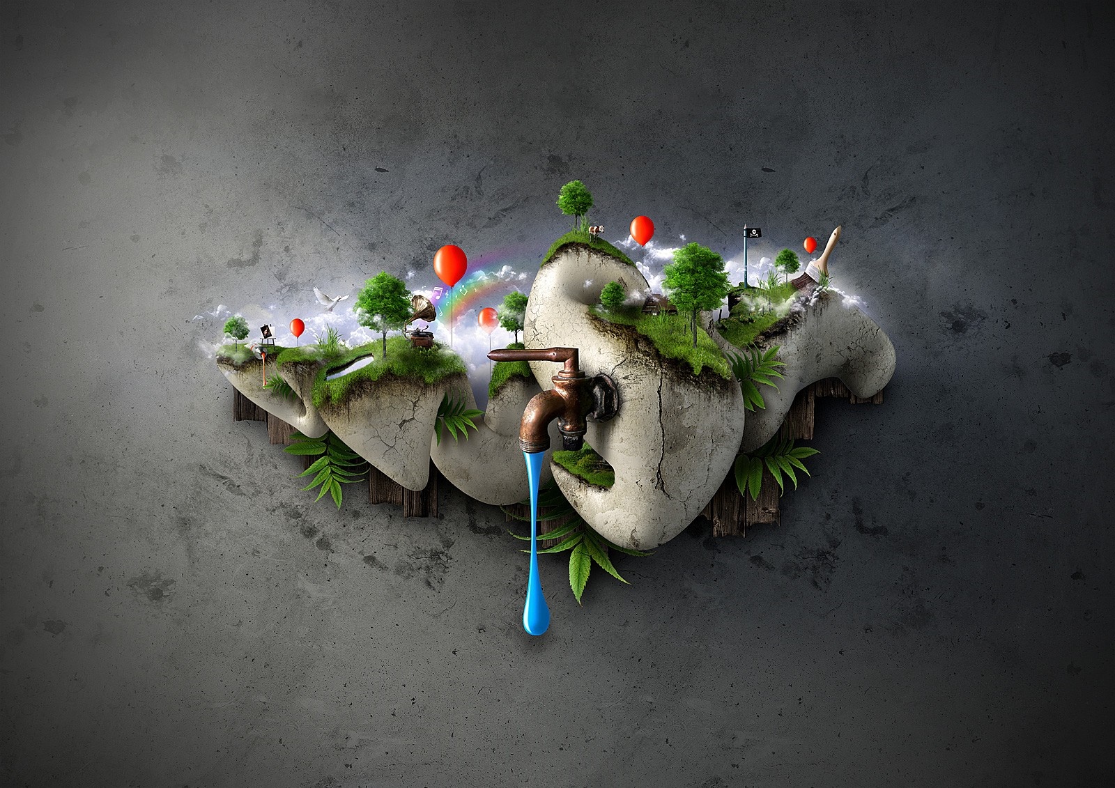 Surreal floating islands with a faucet and water drop HD Wallpaper