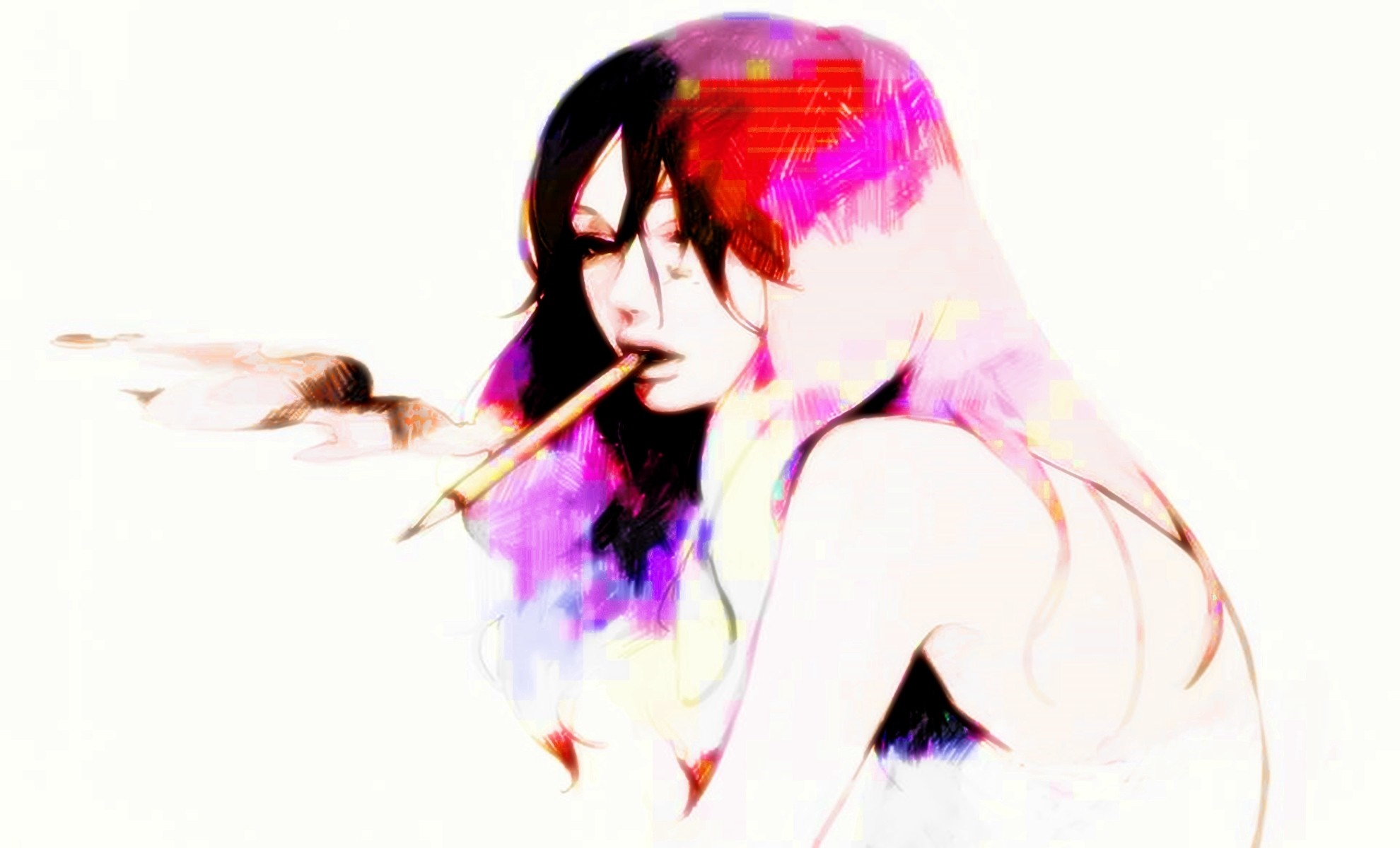 Anime girl with colorful hair holding a pencil HD Wallpaper
