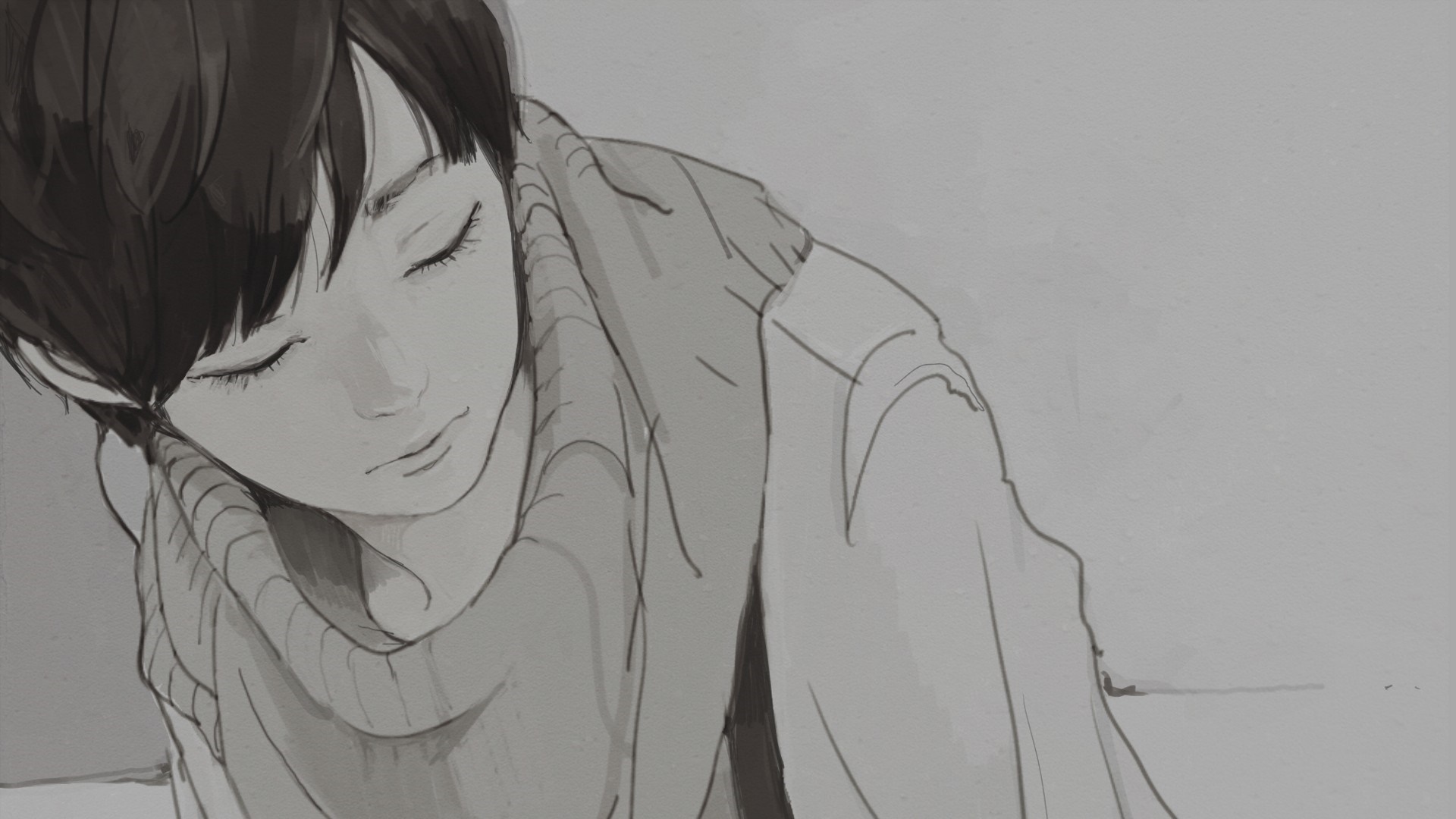Monochrome sketch of a person with eyes closed HD Wallpaper