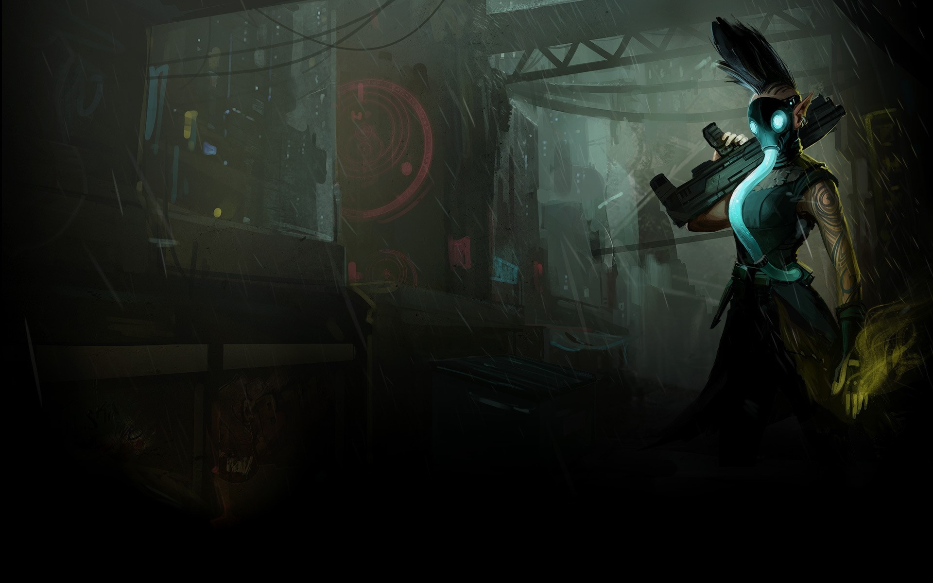 Cyberpunk character with gas mask and rifle in rainy city HD Wallpaper