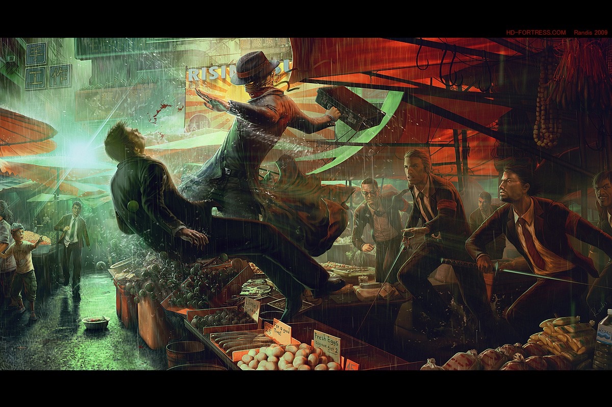 Cyberpunk market fight in the rain HD Wallpaper