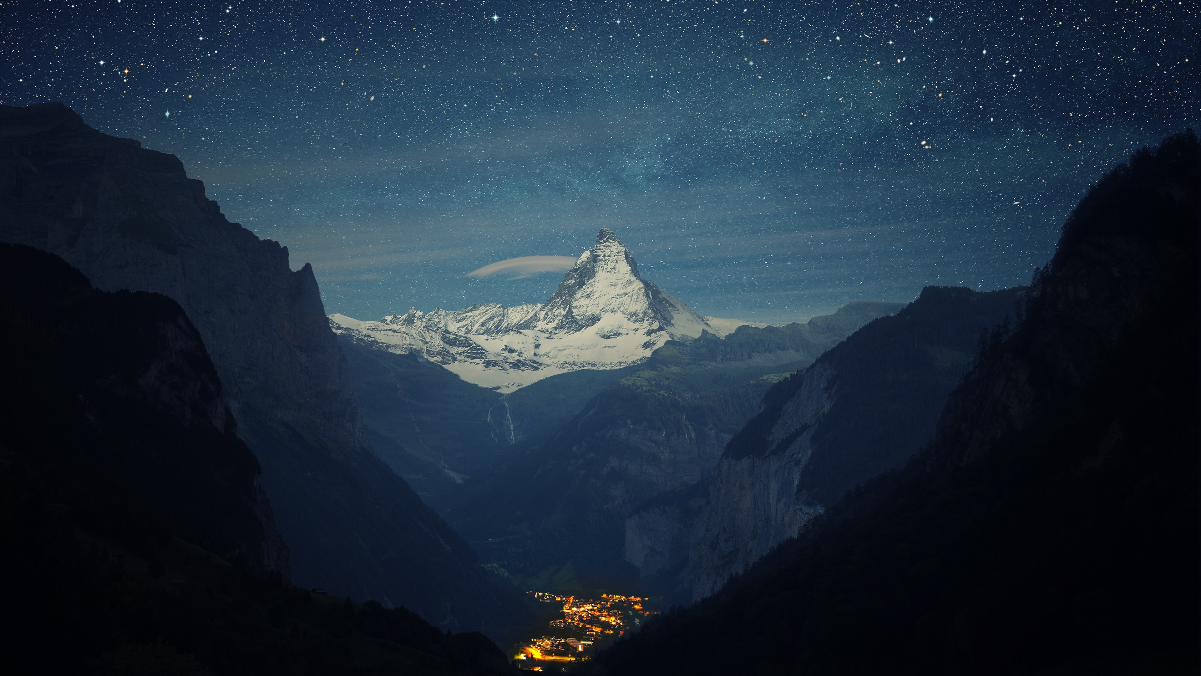 Mountain valley at night with starry sky HD Wallpaper