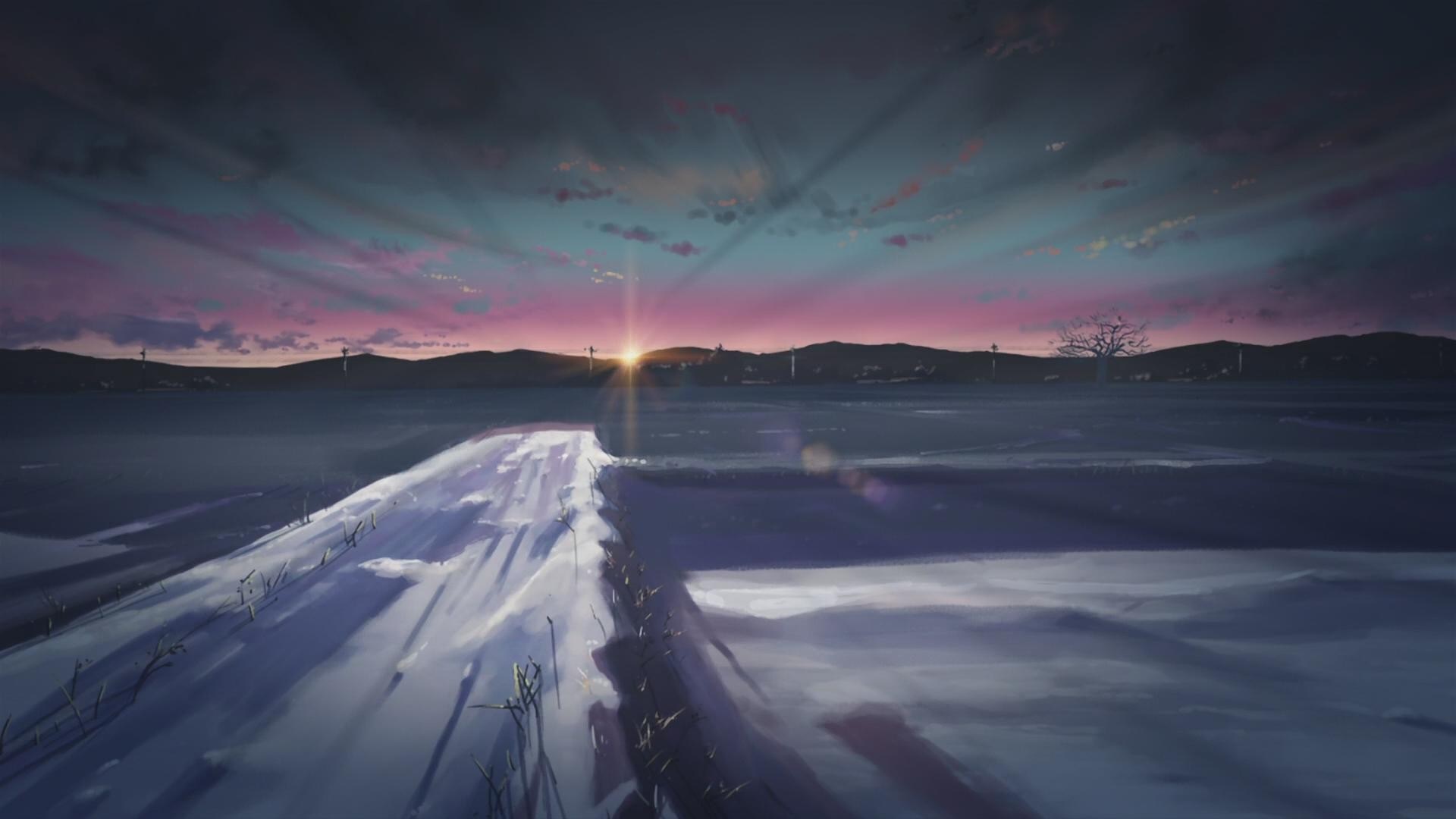 Anime winter landscape at sunrise with snow and mountains HD Wallpaper