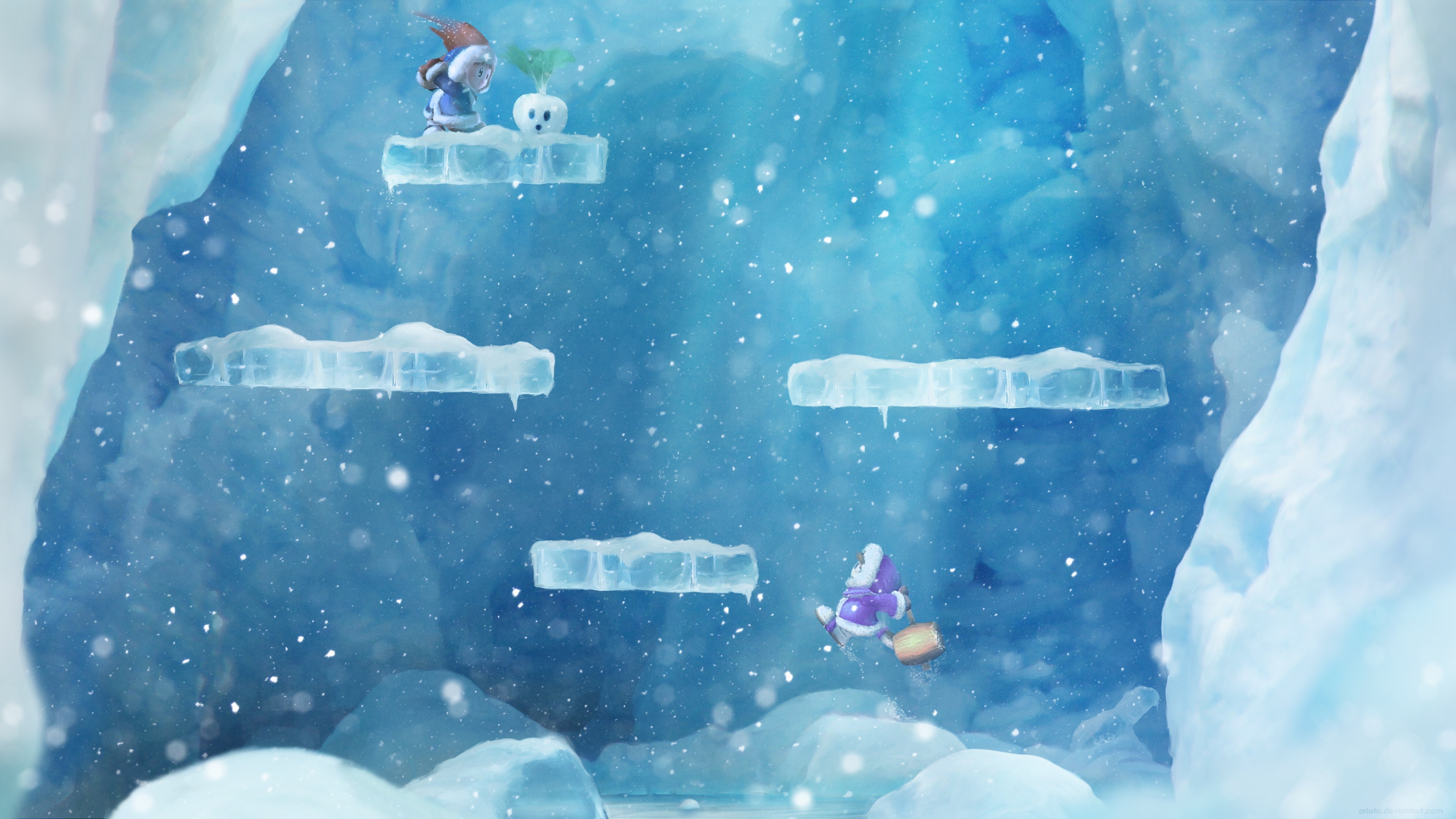 Ice Climber characters on ice platforms in a snowy cave HD Wallpaper