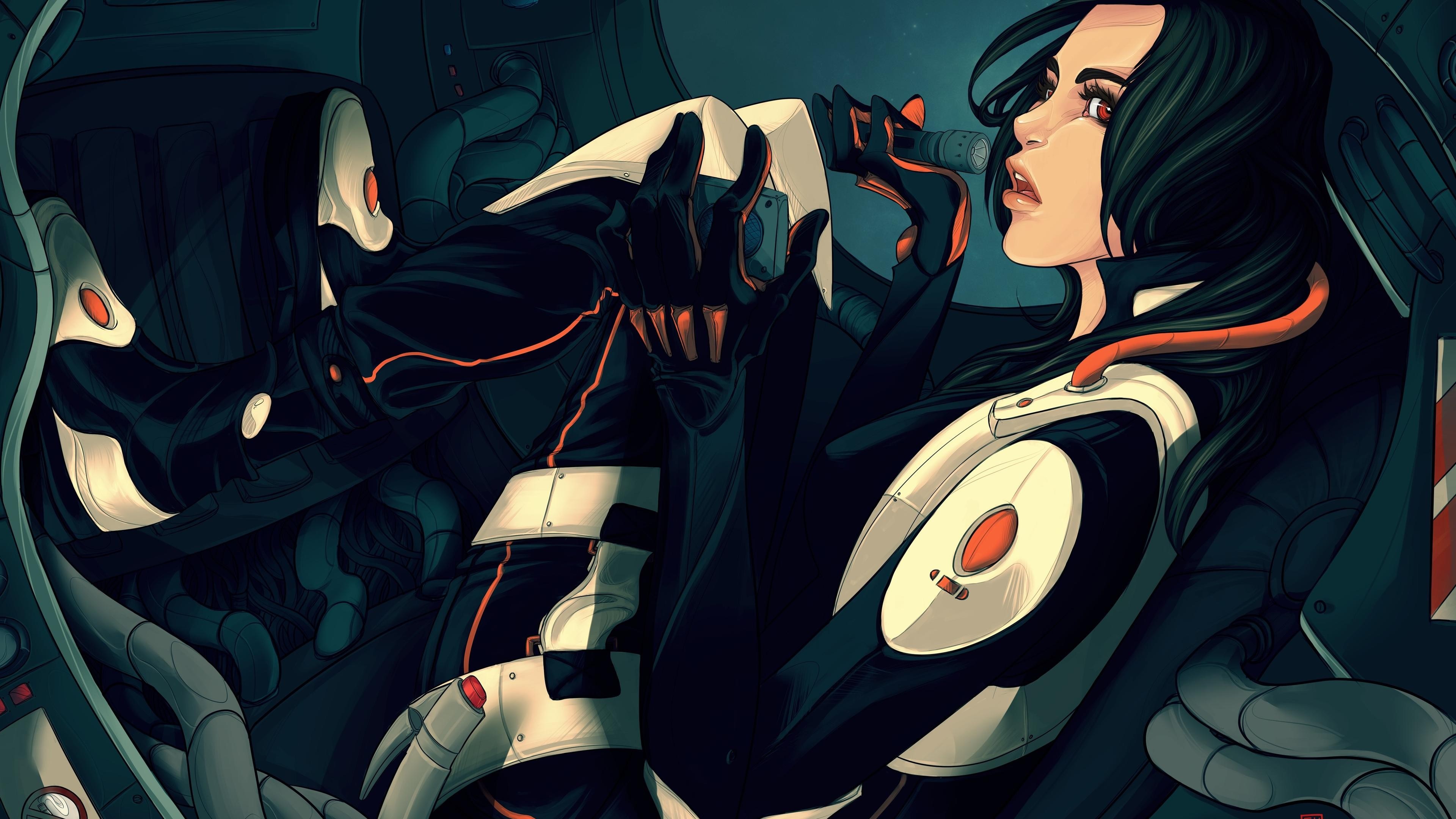 Illustration of women in sci-fi suits HD Wallpaper