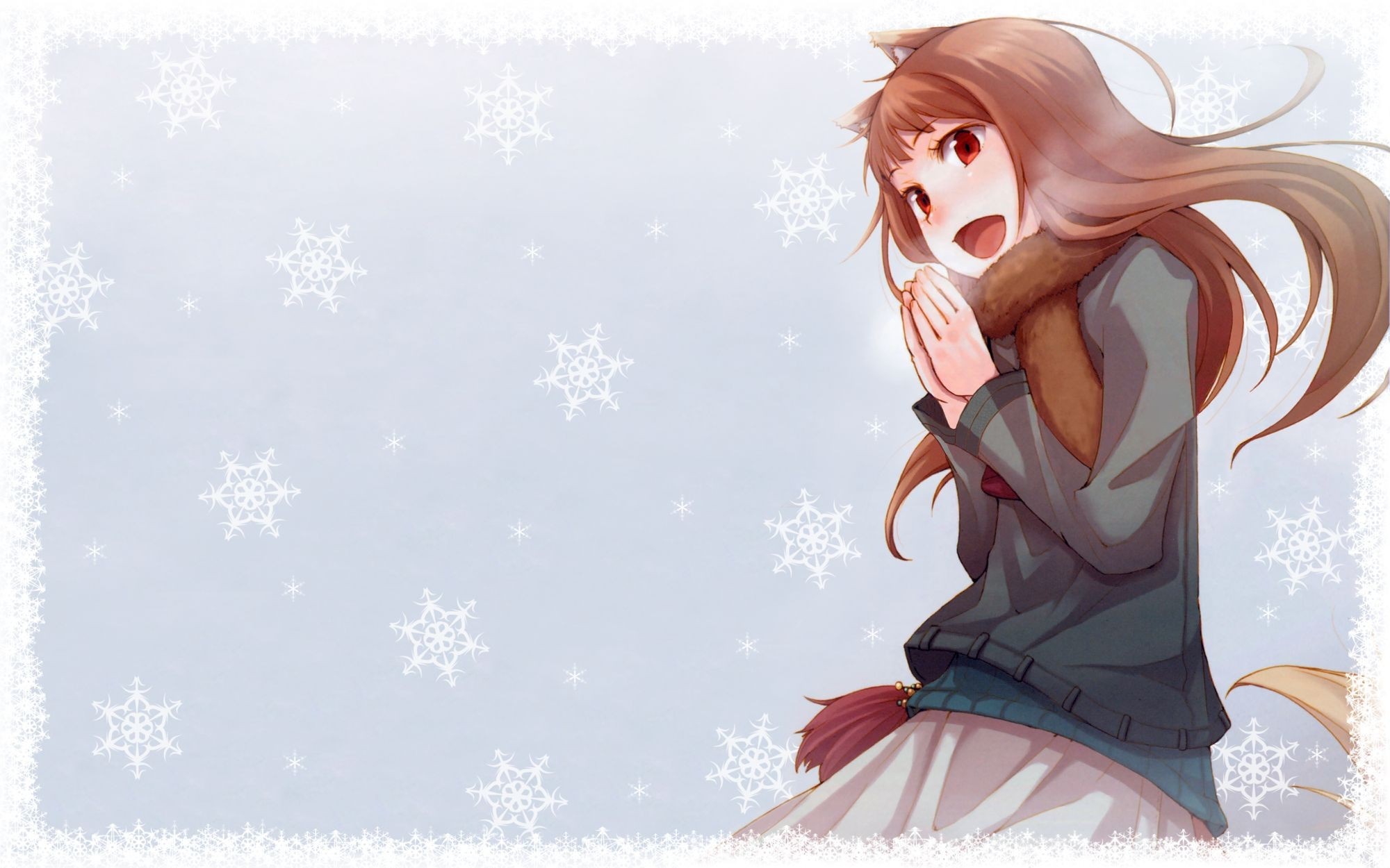 Holo from Spice and Wolf in winter with snowflakes HD Wallpaper