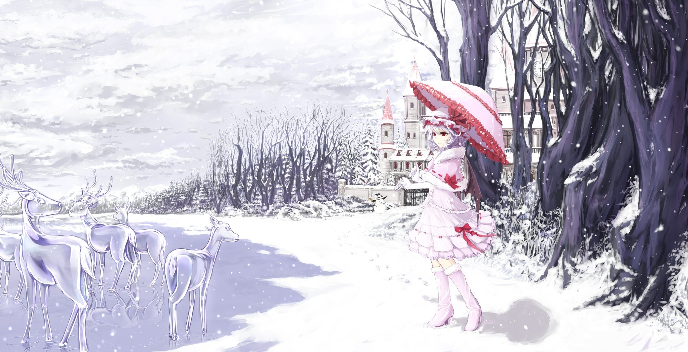 Patchouli Knowledge from Touhou in a snowy forest with deer HD Wallpaper