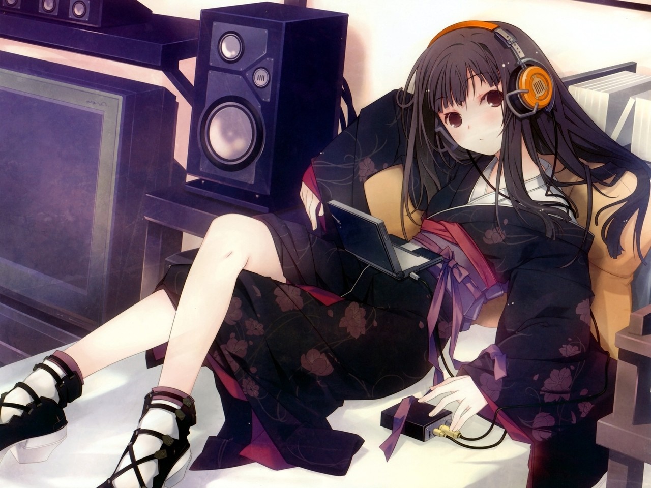 Anime girl with headphones and laptop HD Wallpaper