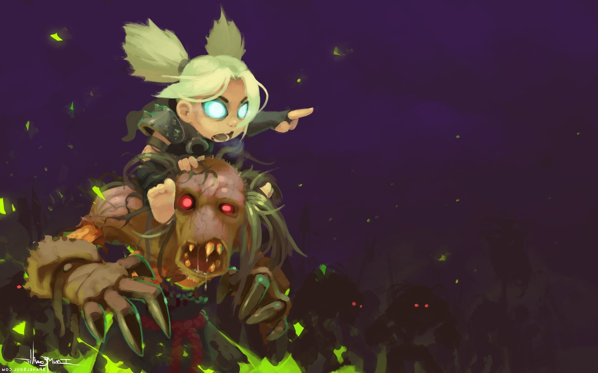 Girl riding a zombie-like creature with glowing eyes HD Wallpaper