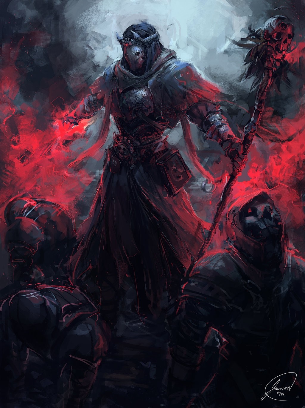 Dark sorcerer casting magic with skull staff and followers HD Wallpaper