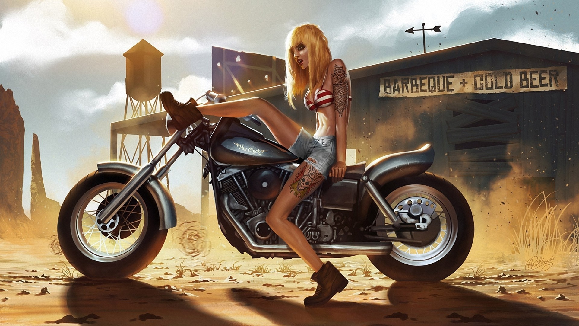 Woman on a motorcycle in a desert setting HD Wallpaper