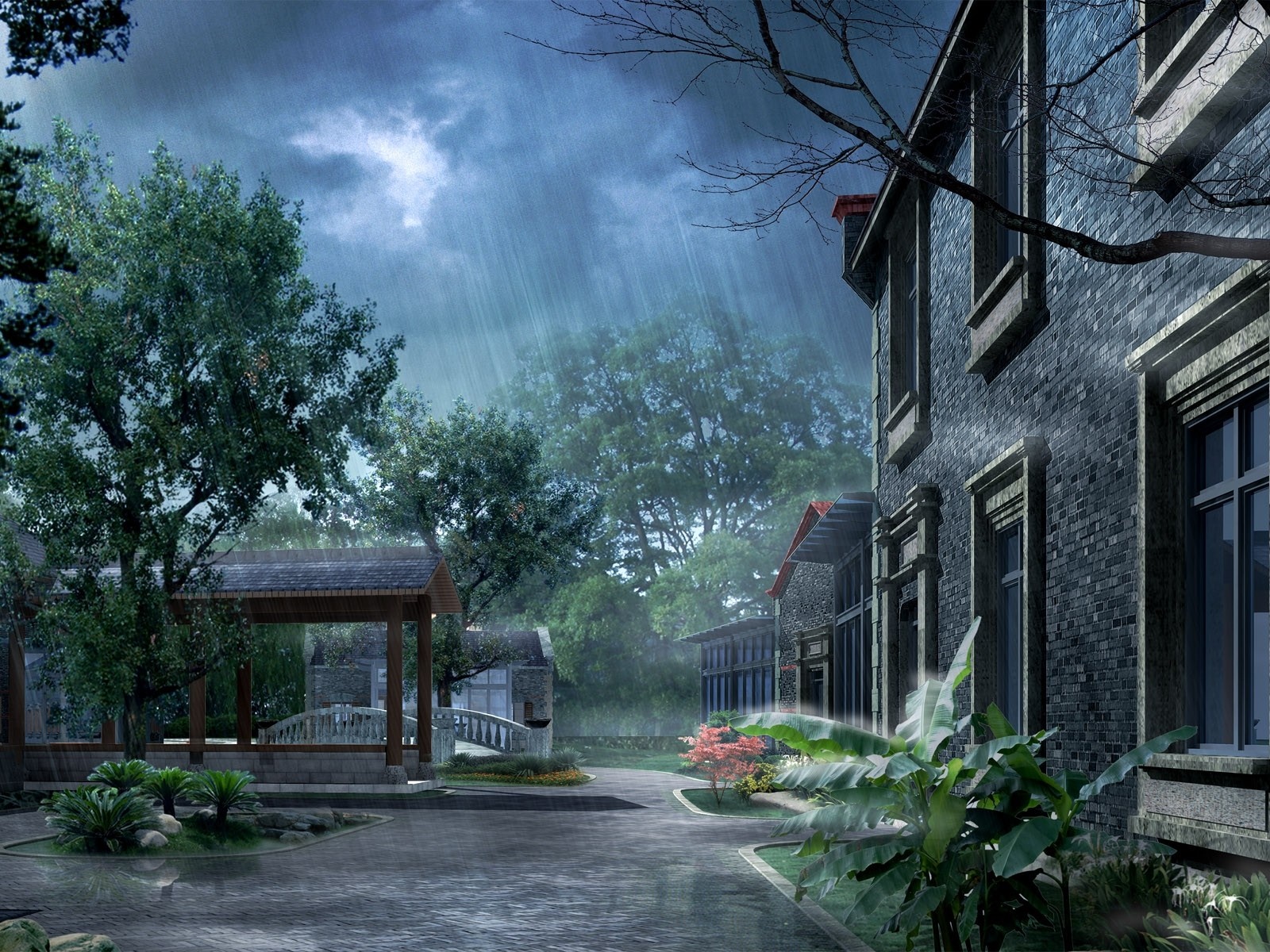 Rainy day at a brick house with trees and a gazebo HD Wallpaper