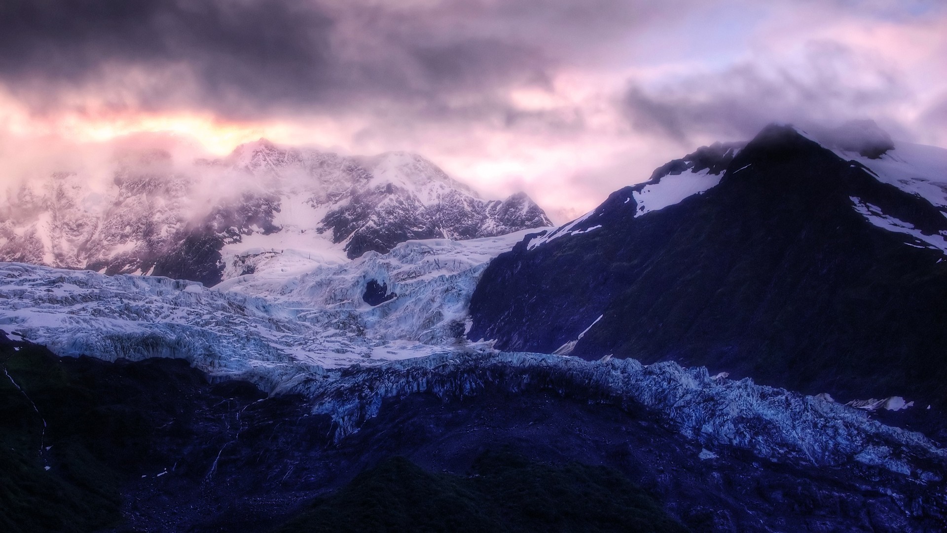 Snow-capped mountains and glacier at sunrise HD Wallpaper