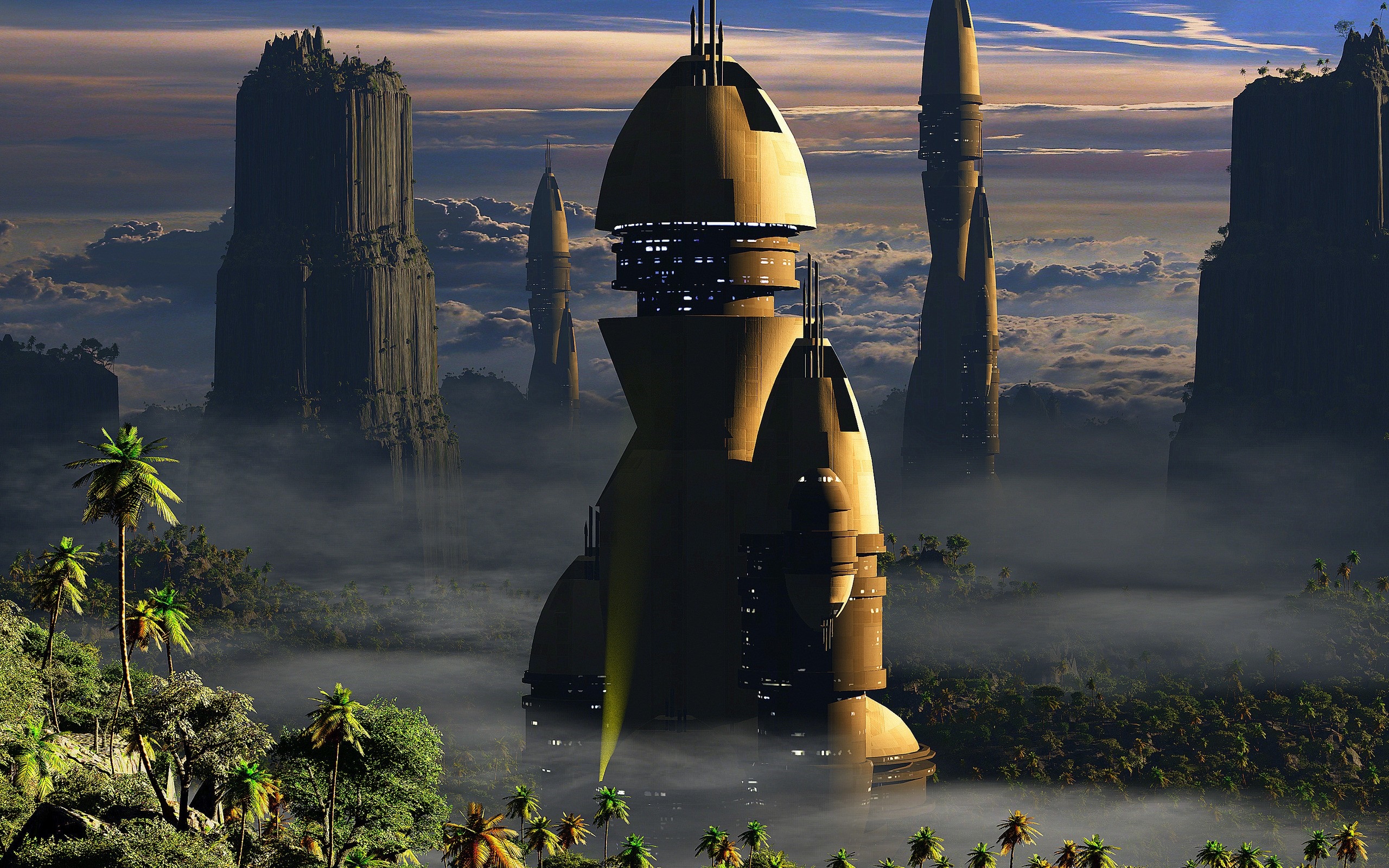 Futuristic towers in a misty jungle landscape at sunrise HD Wallpaper