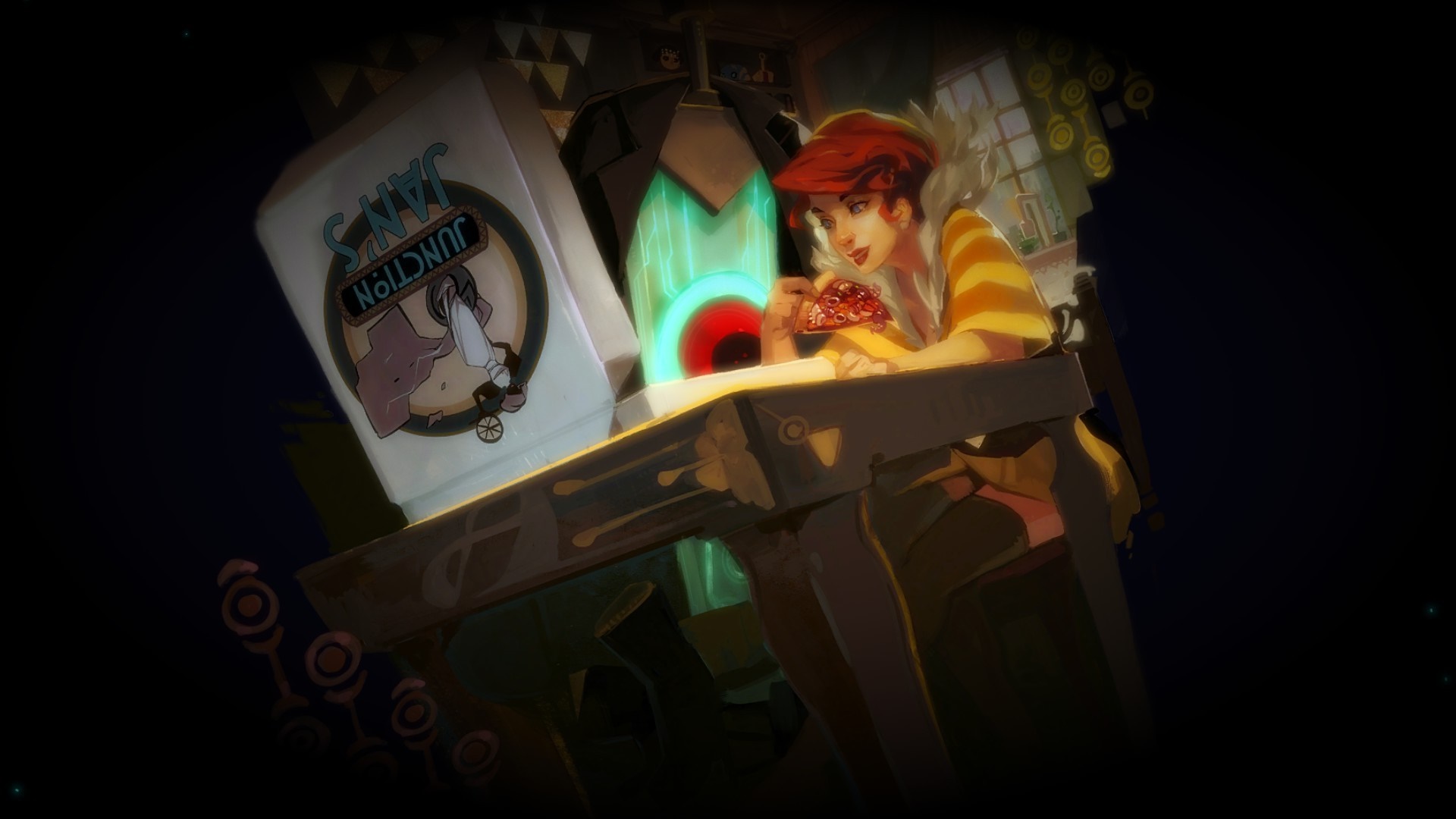 Red from Transistor eating pizza HD Wallpaper