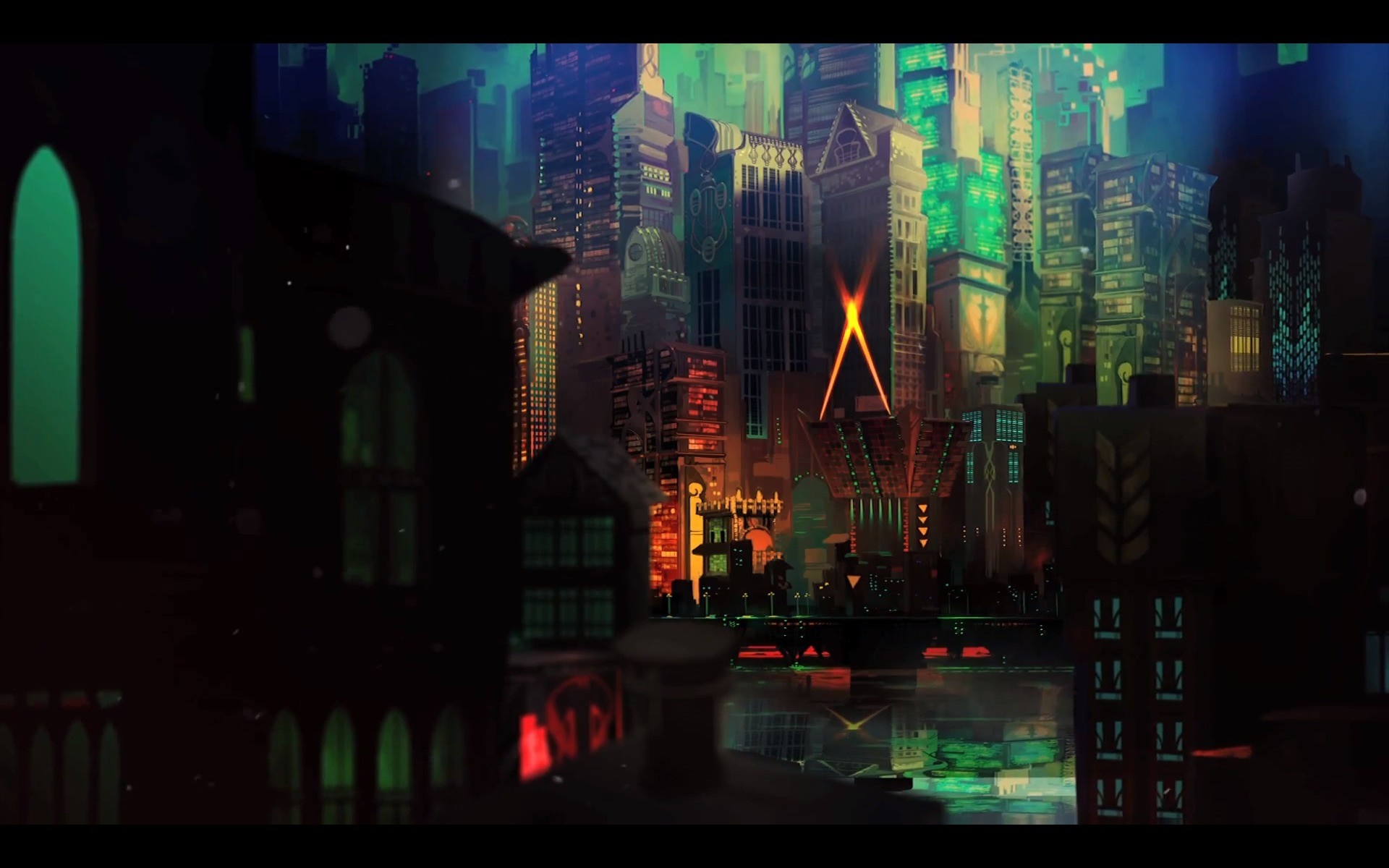 Cyberpunk cityscape at night with glowing skyscrapers HD Wallpaper