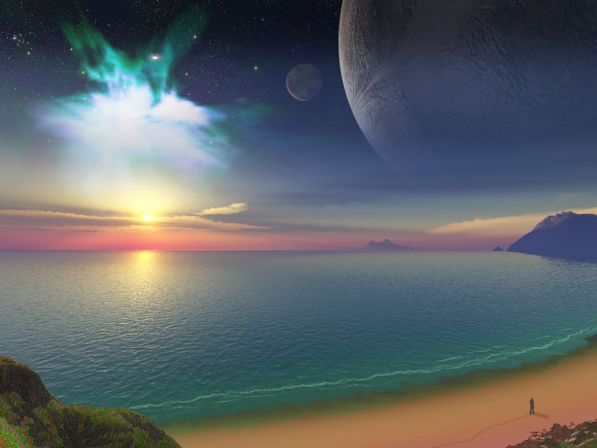 Alien sunrise over ocean with planets and nebula HD Wallpaper
