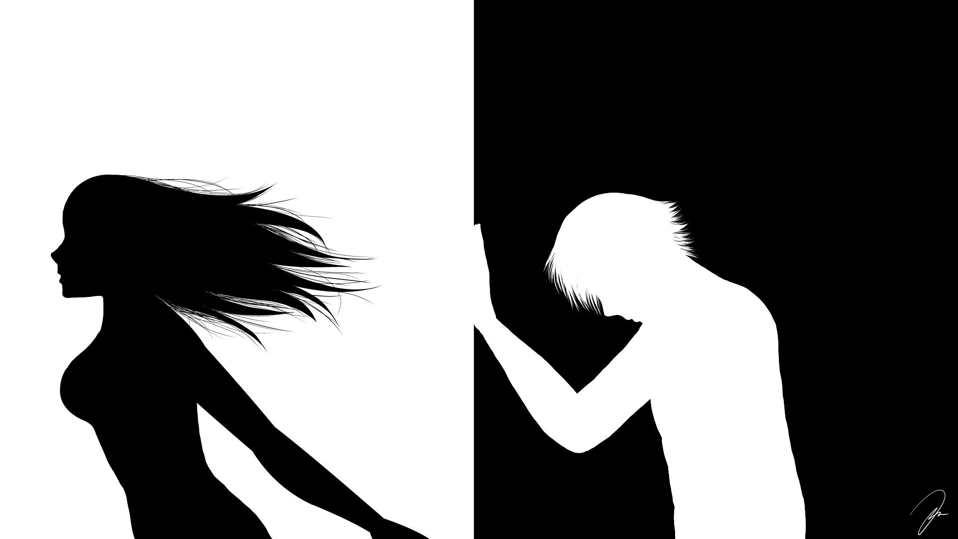 Silhouette of a woman and a man against a black and white background HD Wallpaper