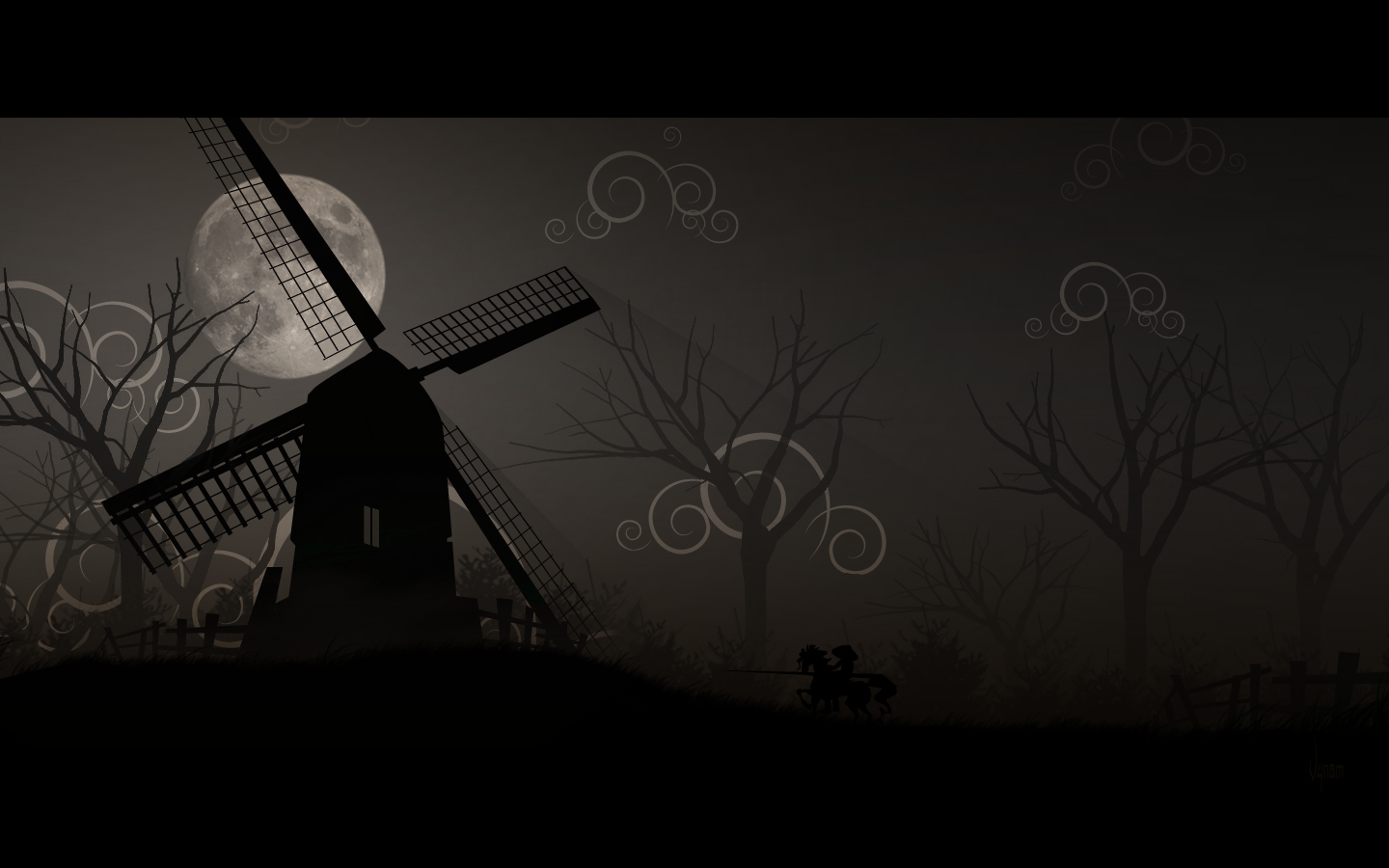Silhouette of a windmill and a horse-drawn carriage under the moonlight HD Wallpaper