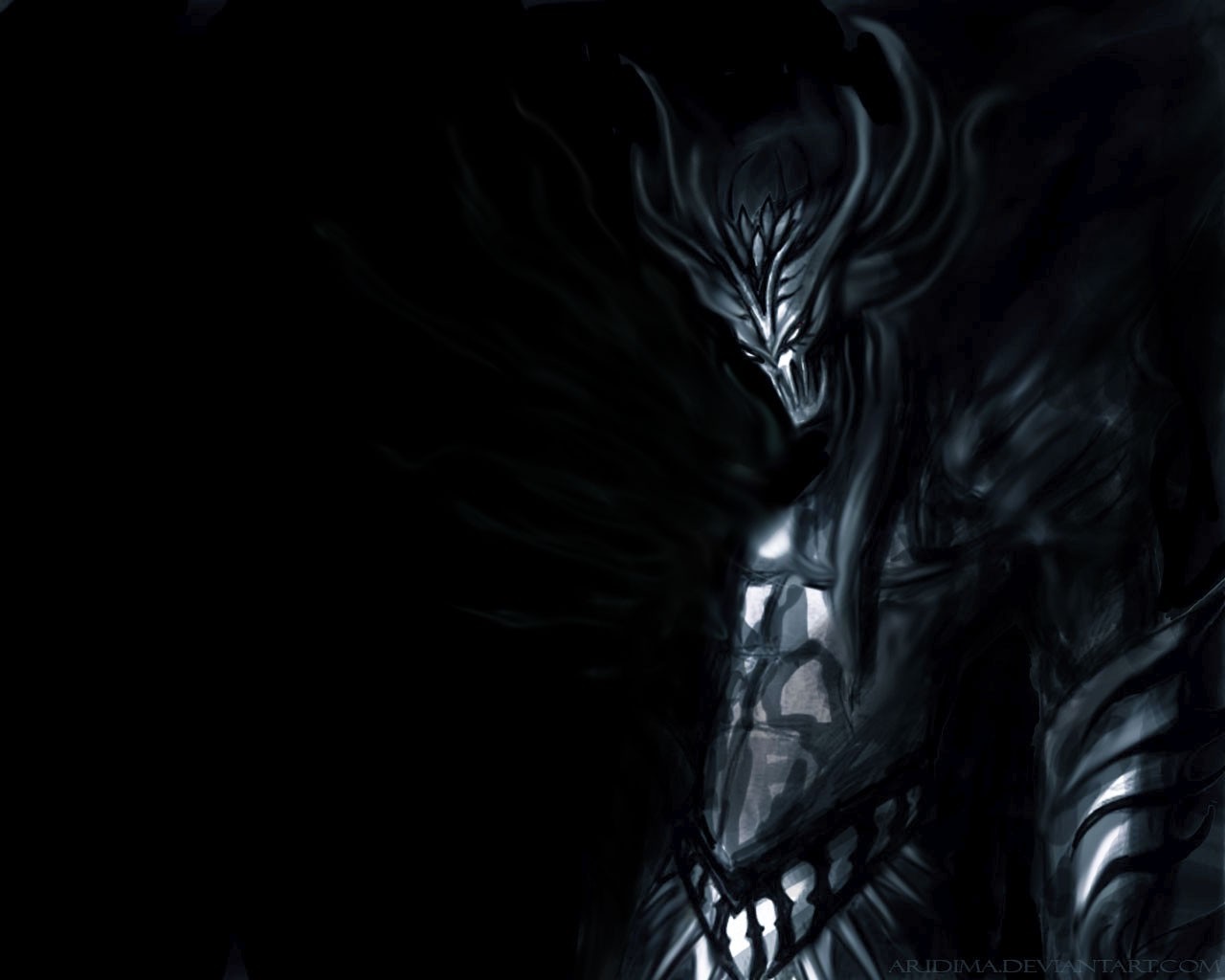 Dark creature with ornate helmet and armor HD Wallpaper