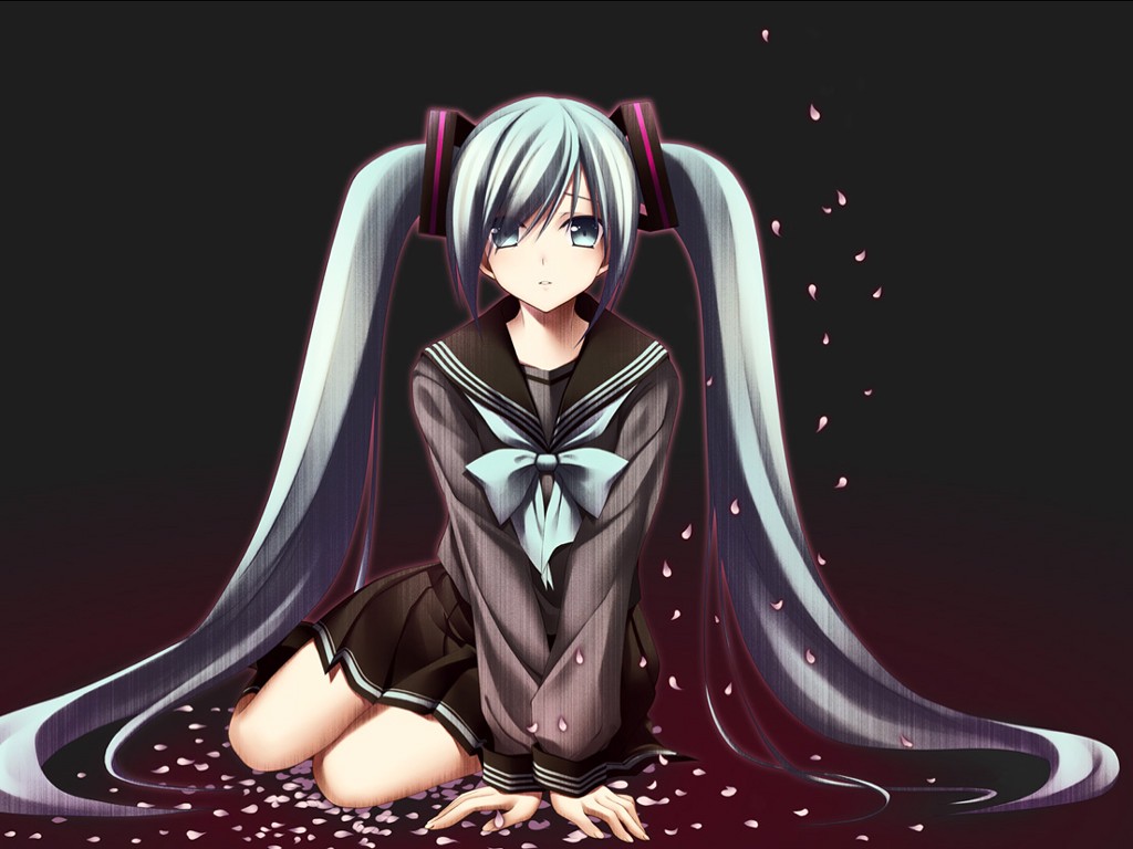Hatsune Miku sitting with falling petals HD Wallpaper