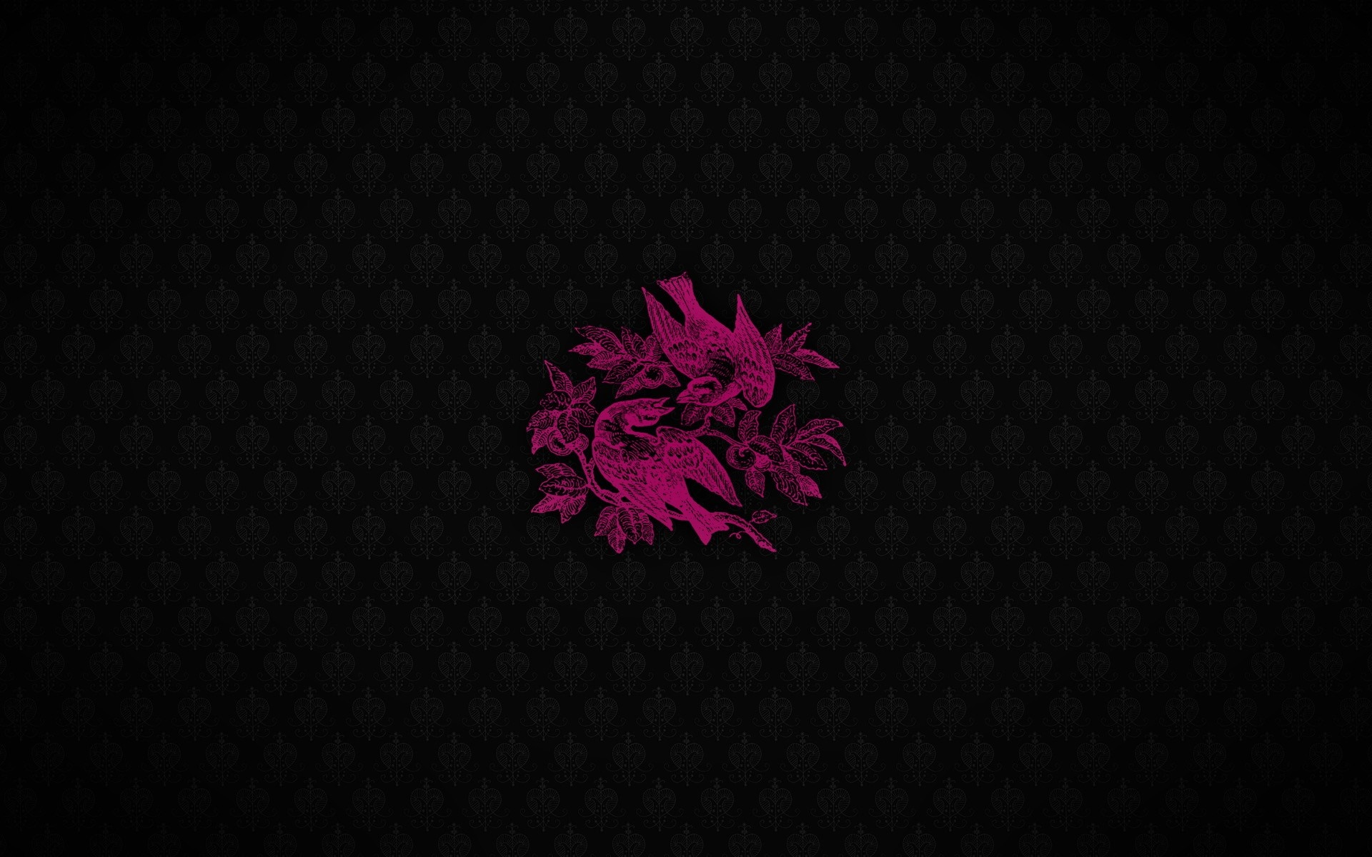 Pink birds and leaves on a black patterned background HD Wallpaper