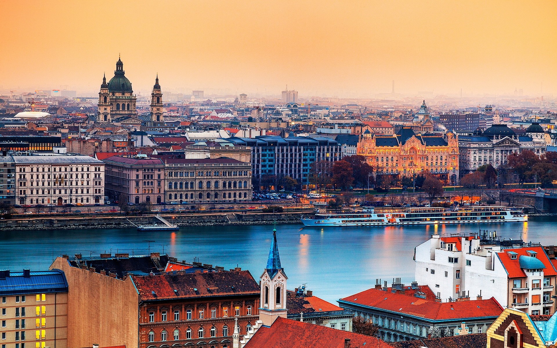 Budapest cityscape with Danube River and St. Stephen's Basilica at dusk HD Wallpaper