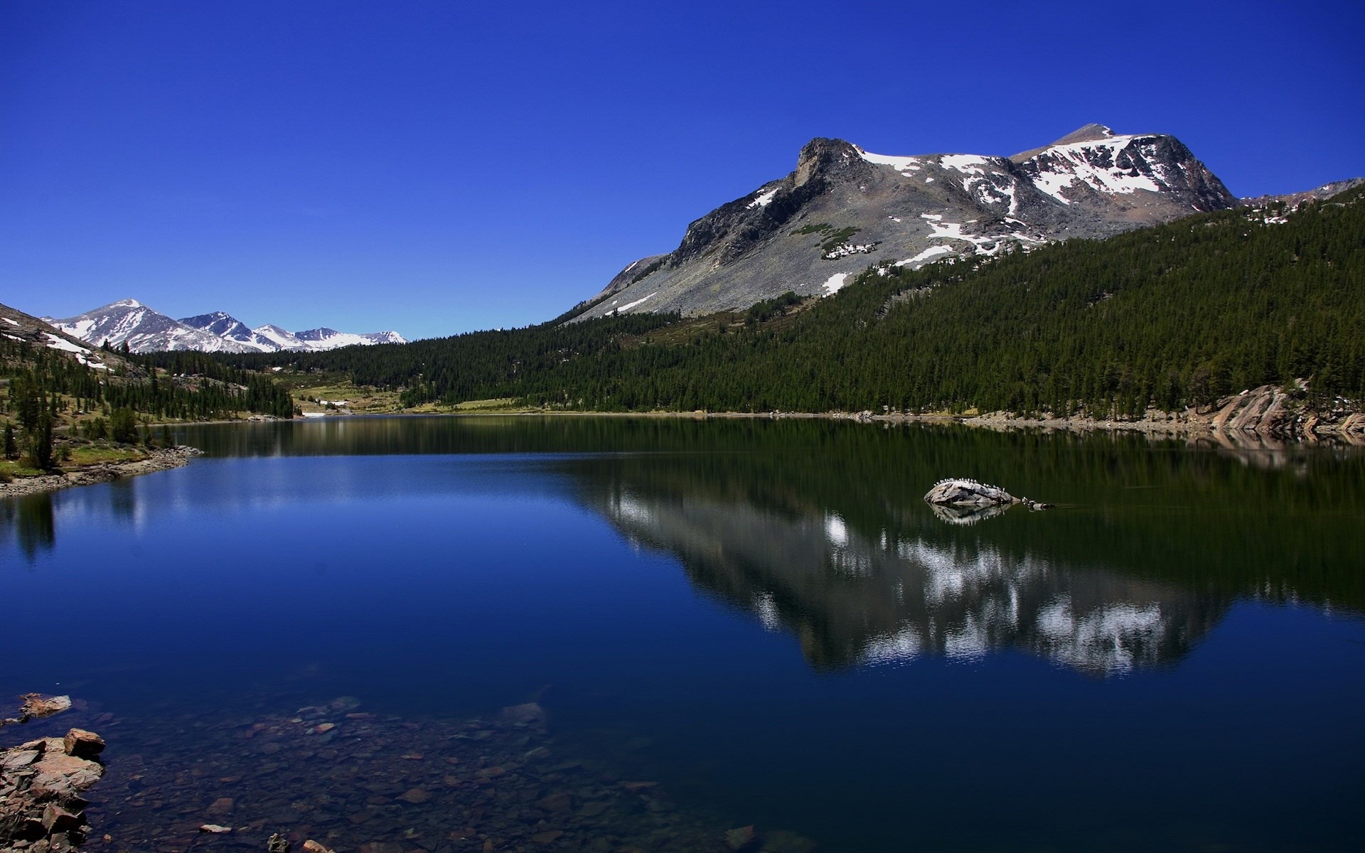 Lake reflection of mountains and forest under blue sky HD Wallpaper