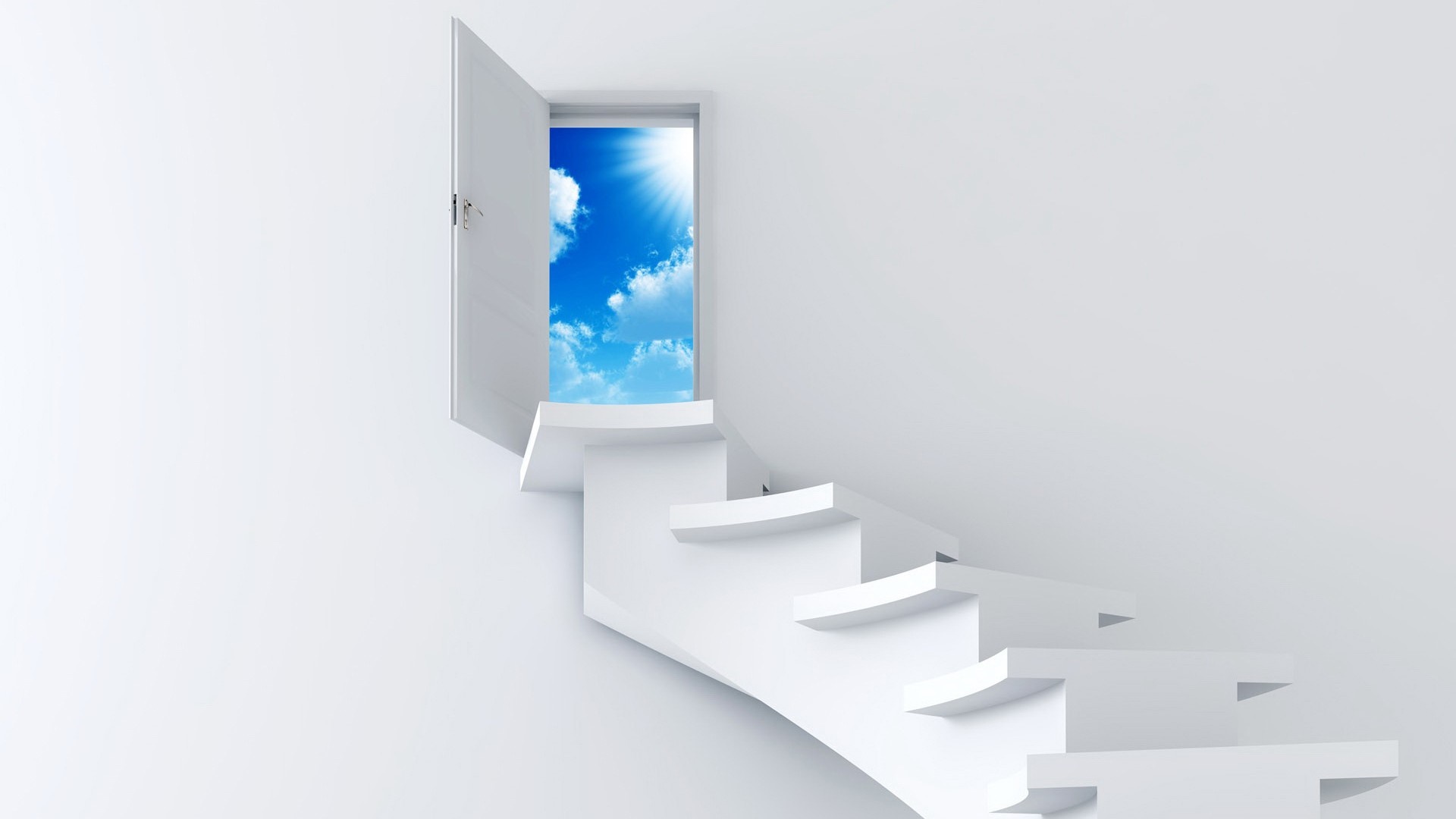 White stairs leading to an open door with a bright sky HD Wallpaper