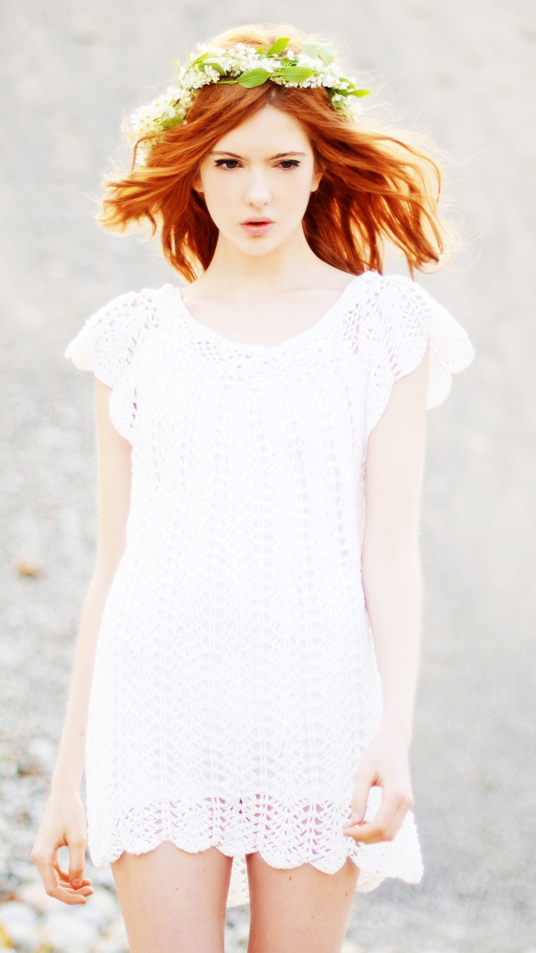 Redhead woman with flower crown in white dress HD Wallpaper