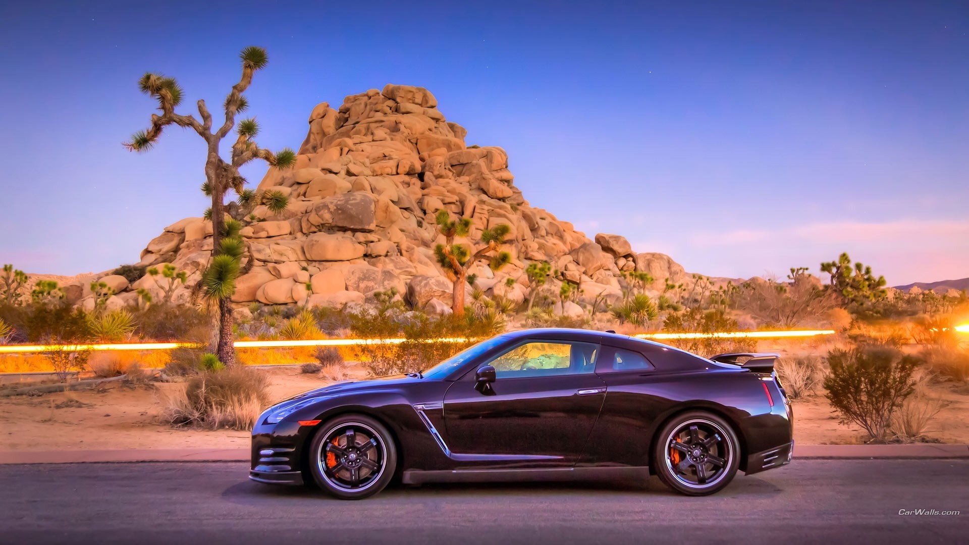 Nissan GT-R in Joshua Tree National Park at Dusk HD Wallpaper