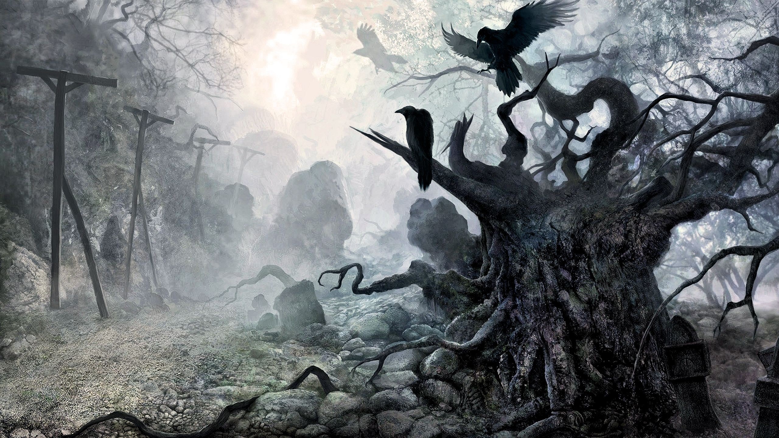 Dark forest with gallows and crows HD Wallpaper
