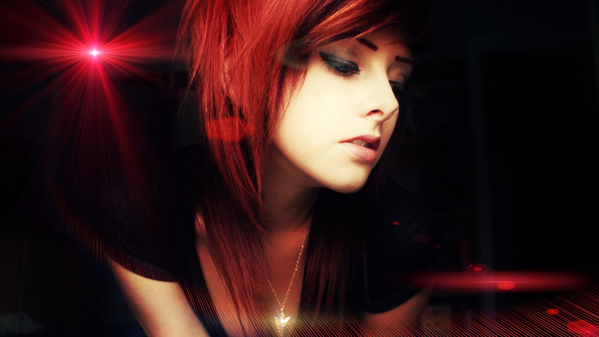 Woman with red hair and dramatic lighting HD Wallpaper