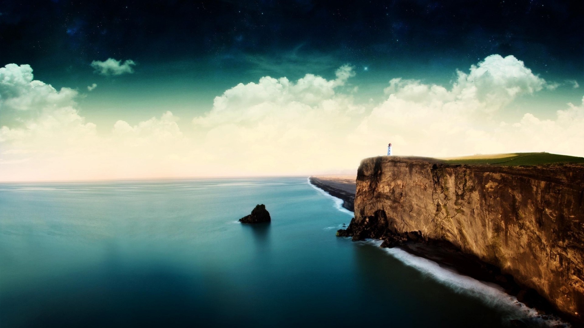 Cliff overlooking the sea with a lighthouse HD Wallpaper