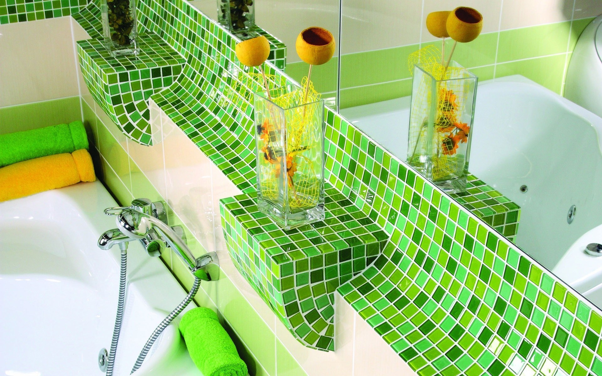 Green tiled bathroom with bathtub and decorative elements HD Wallpaper