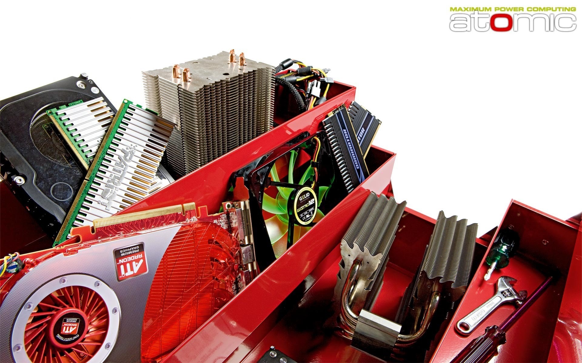 Computer components in a red toolbox HD Wallpaper