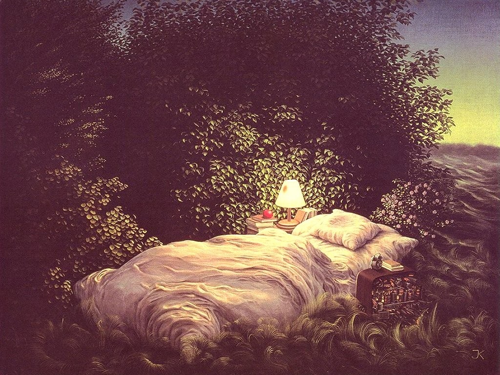 Surreal painting of a bed in nature with a lamp HD Wallpaper