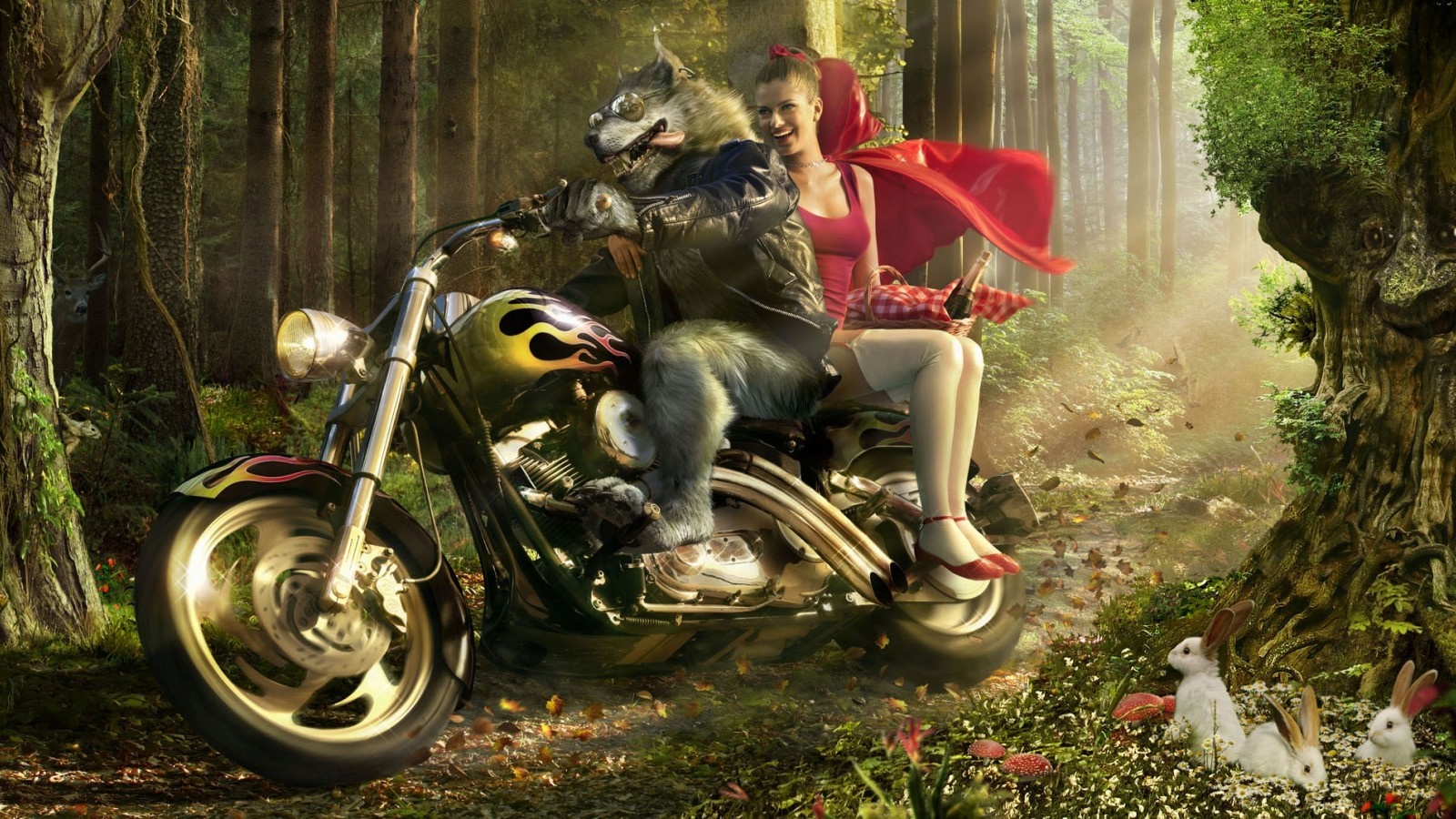 Wolf and Little Red Riding Hood on a motorcycle in a forest HD Wallpaper
