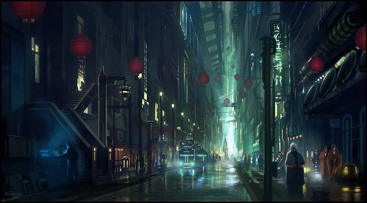 Cyberpunk city street at night with red lanterns HD Wallpaper