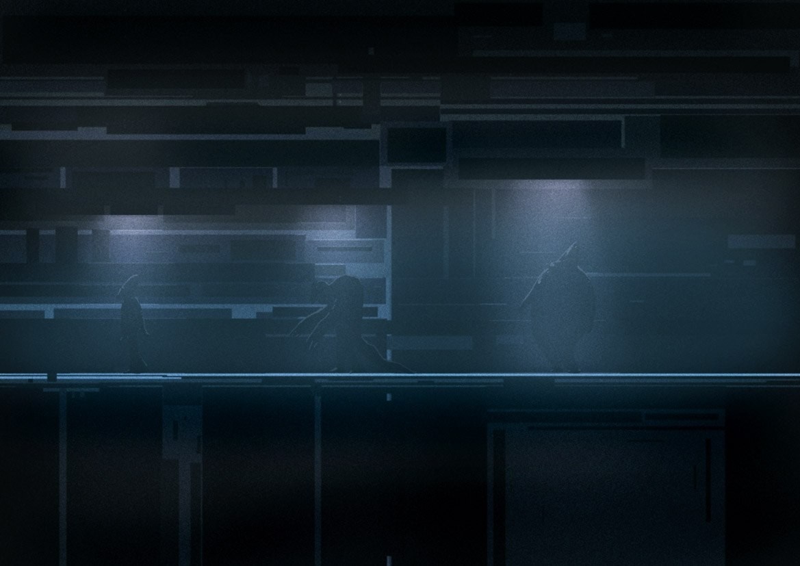 Silhouettes in a dark, futuristic interior HD Wallpaper