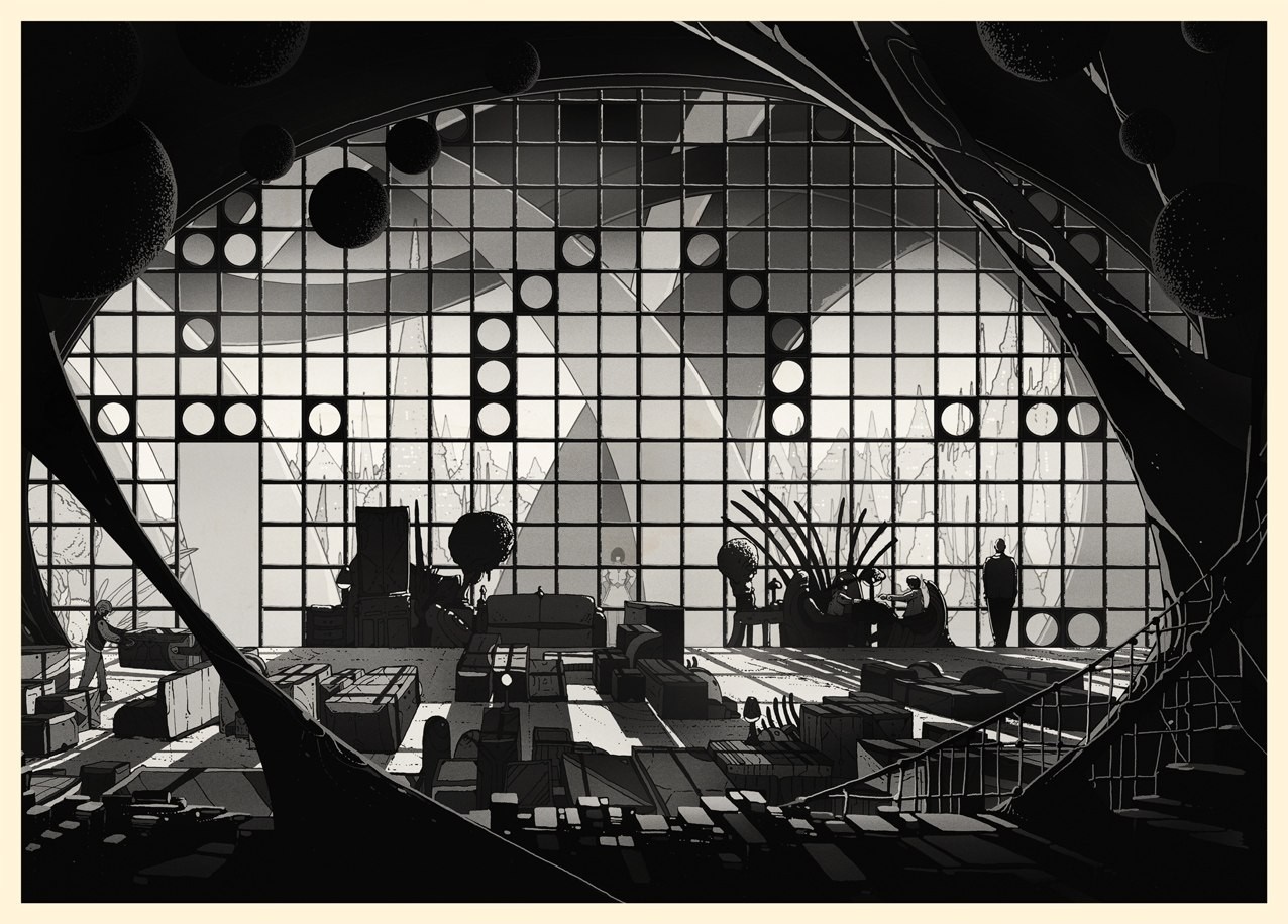 Monochrome illustration of a futuristic interior with geometric patterns HD Wallpaper