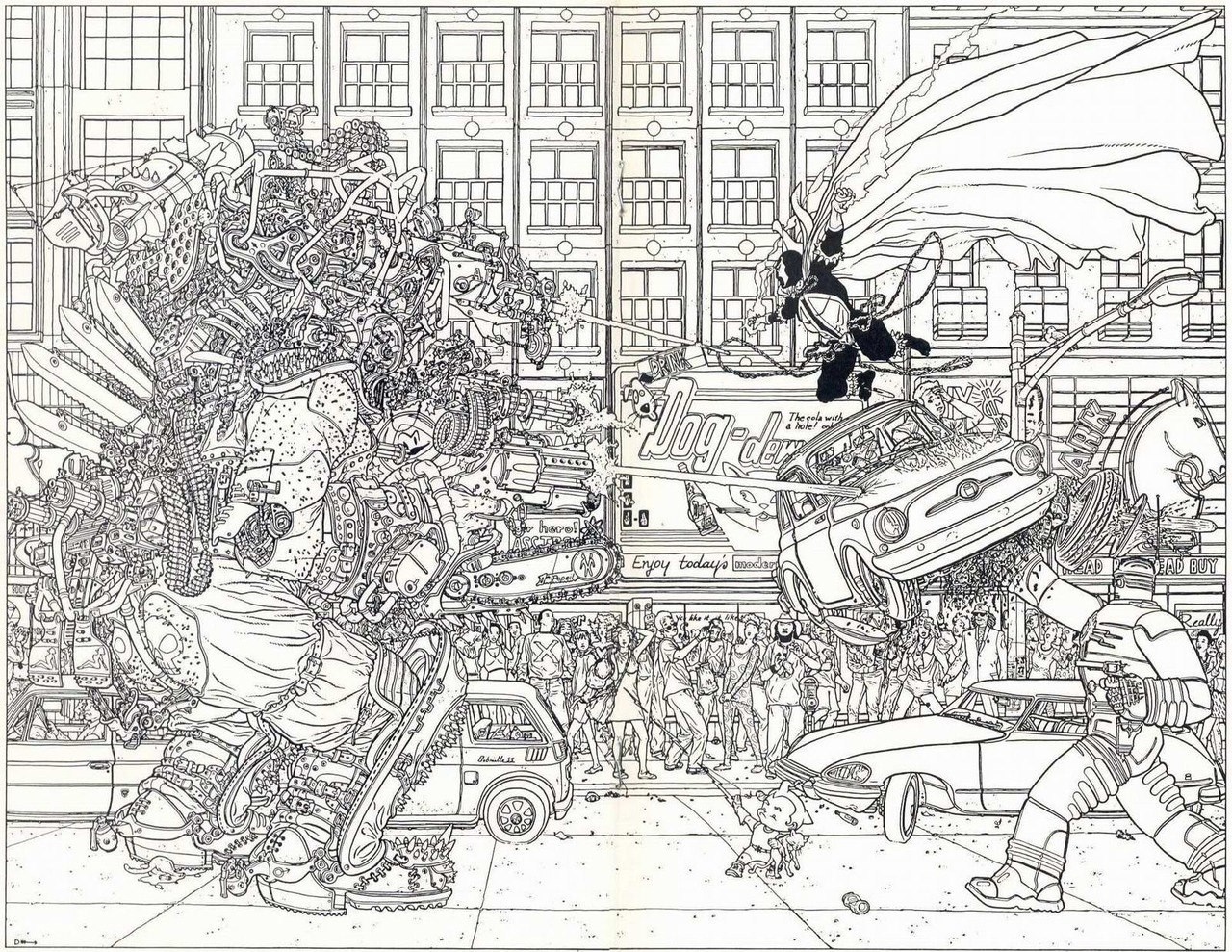 Geoff Darrow's detailed illustration of a street fight HD Wallpaper