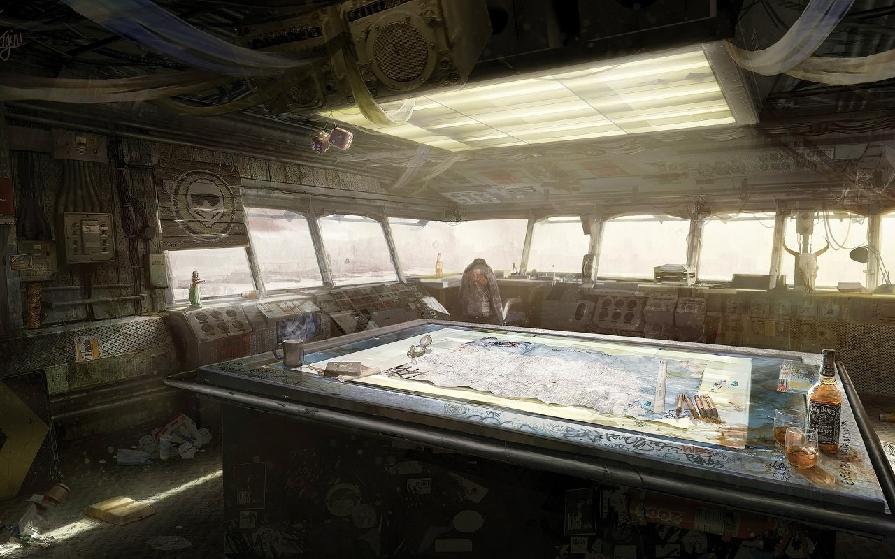 Sci-fi spaceship bridge with map table HD Wallpaper