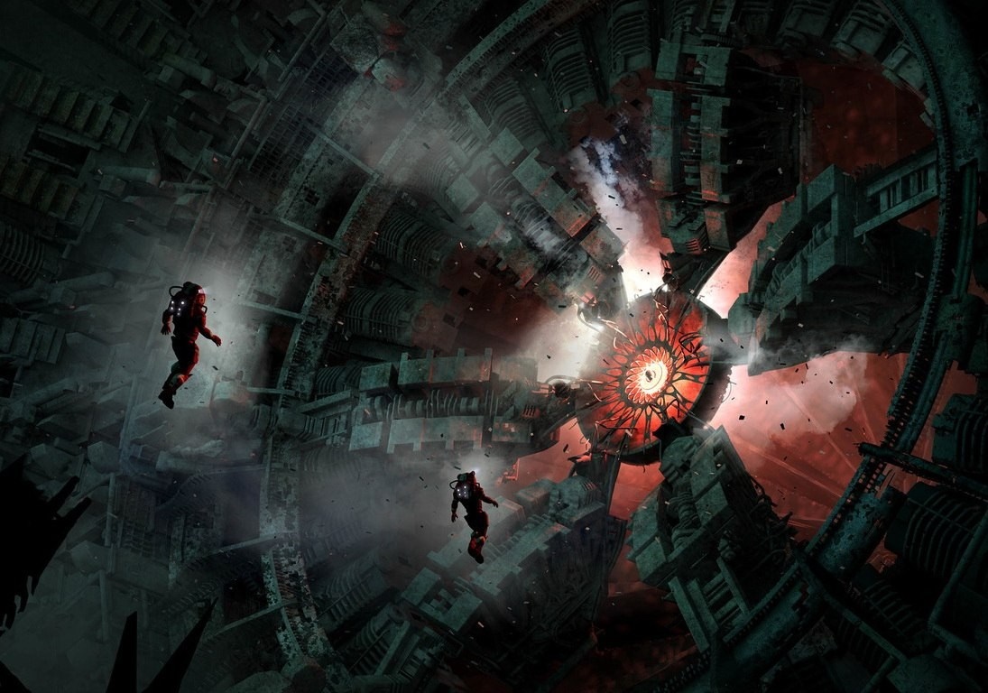 Astronauts in a damaged sci-fi structure HD Wallpaper