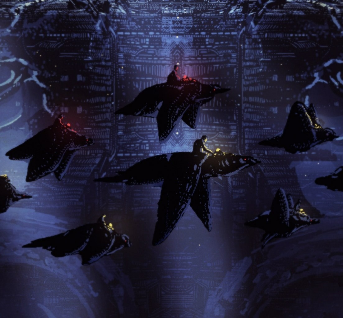 Figures riding on flying creatures in a dark city HD Wallpaper