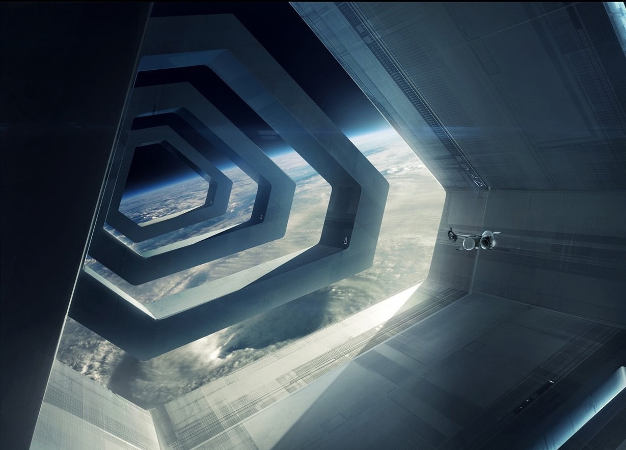 Futuristic space station interior overlooking Earth HD Wallpaper