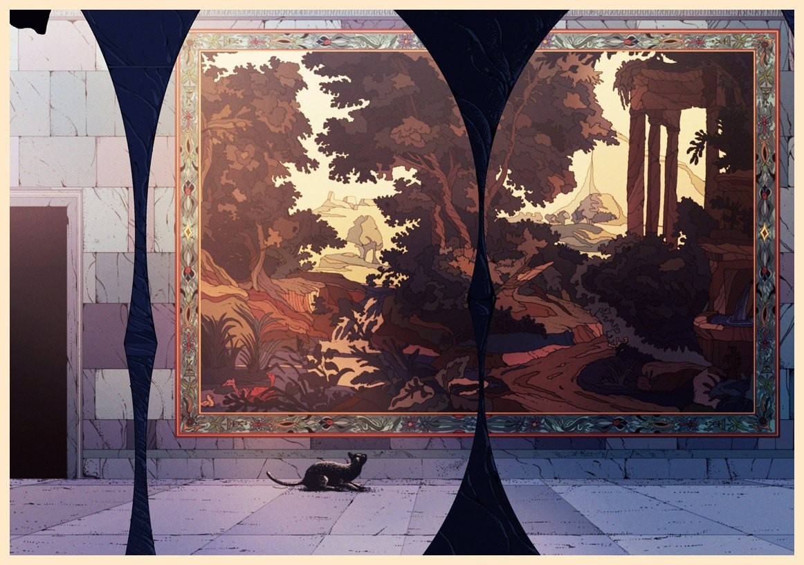 Black cat in front of a landscape painting HD Wallpaper