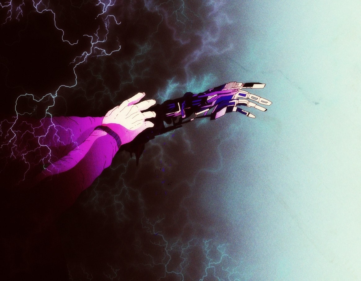 Cybernetic arm and human hand with lightning HD Wallpaper